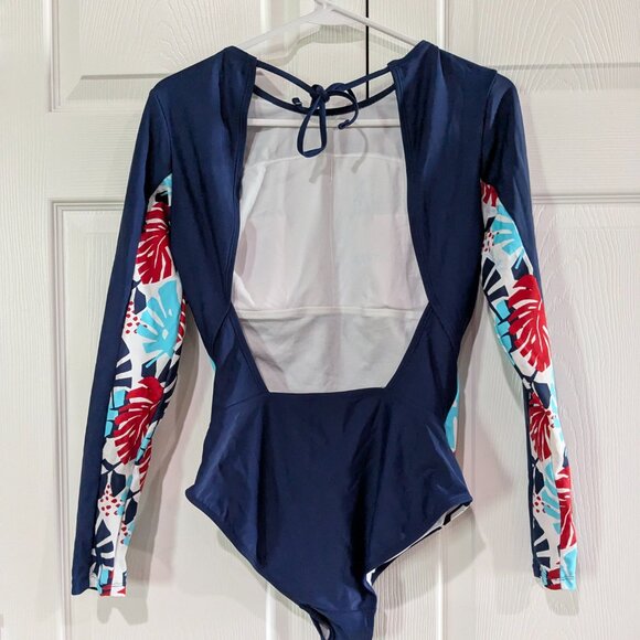 US Polo Assn. Women's Floral Long Sleeve Swimsuit, Navy, Size M (7-9), Tie Back - Picture 6 of 16